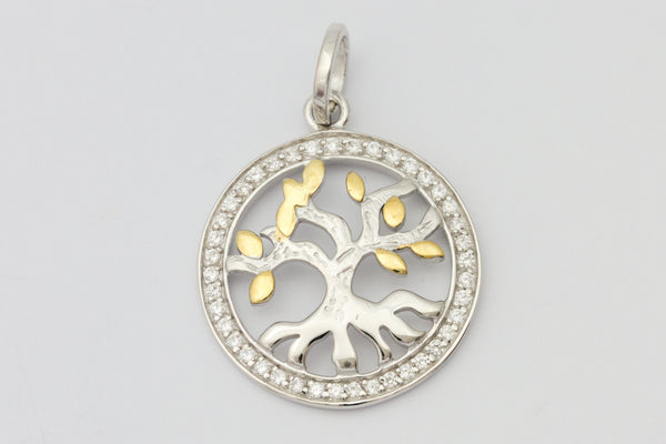 Anhänger Baum Silber 925 rhodiniert, Blätter vergoldet